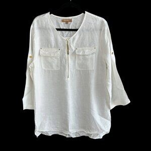 Ellen Tracy White 100% Linen Beachy Gold 1/4 Zip Tunic Length Top Size Large